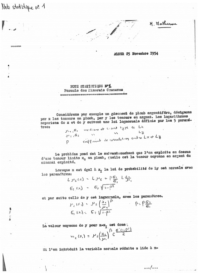 Fig 1. The first paper Matheron wrote about mining (1954). Very simple stuff, pre-spatial geostats, but an indication of what was to come. The equations are in his own handwriting.