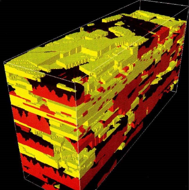 Fig 2. Bespoke code for a reservoir in Columbia, written by me in about 1993. It was a sequence strat surface-based modeling method I developed to model incised valleys. Surface based modeling was forgotten until recently. Notice, there were no faults back in those days!