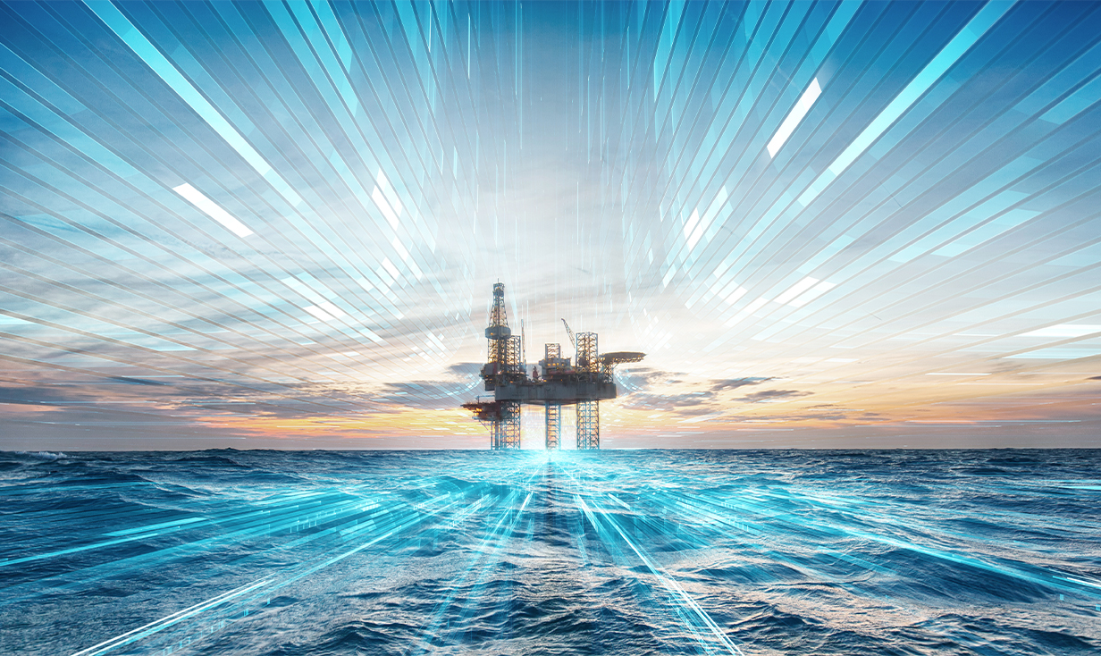 Oil rig with high tech graphic overlay